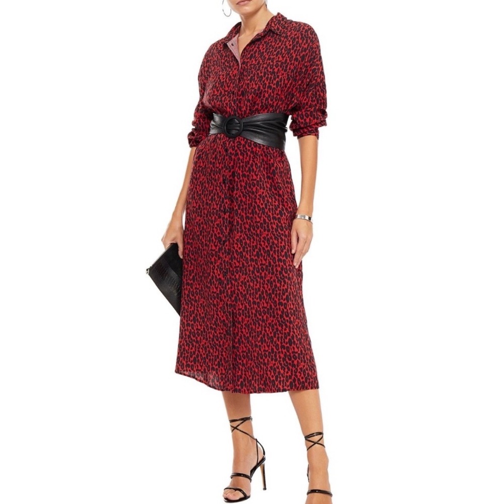 IRO Pirae Shirt Dress Red Black Leopard Print Rayon Button Front‎ Midi Size 34
